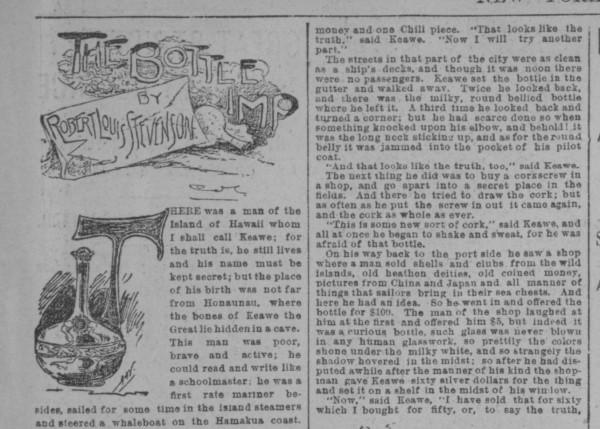 A newspaper clipping from 1891, showing a title and the opening few lines of Robert Louis Stevenson’s short story "The Bottle Imp"