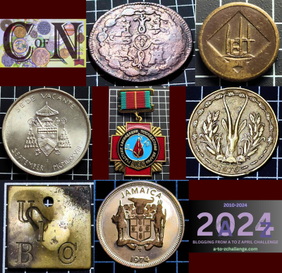 Images of the seven coins, tokens and medal mentioned, in a grid with the coin of note logo and A to Z Challenge logo