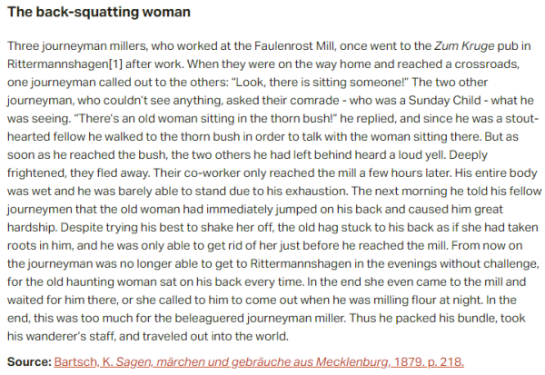 German folk tale "The back-squatting woman". Drop me a line if you want a machine-readable transcript!