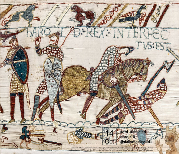 Harolds death from the Bayeux carpet: He seems to be shown twice: first plucking an arrow from his eye, and then being hacked down by a knight on a horse.