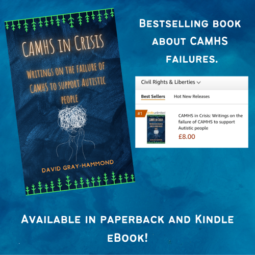 Image of "CAMHS in Crisis" by David Gray-Hammond. Next to it is a screenshot of the same book listed as number 1 best seller in amazon's civil rights and Liberties category.

Text above reads "Bestselling book about CAMHS failures"

Text below reads "Available in paperback and Kindle eBook!"
