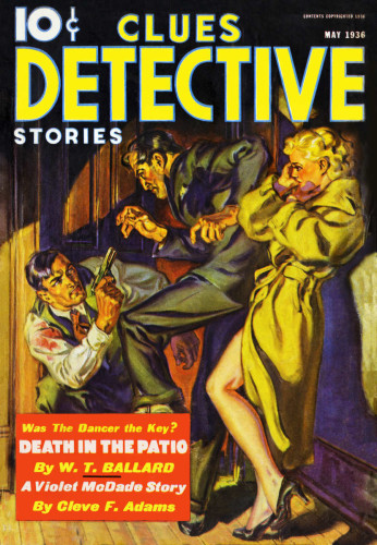 Cover for Clues Detective Stories magazine, May 1936. Two men fighting, one with a gun, and the proverbial blonde standing aside looking horrified.