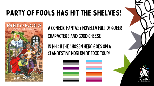Cover features three older queer adventurers eating street food sticks. Text says "A comedic fantasy novella full of queer characters and good cheese in which the chosen hero goes on a clandestine worldwide food tour!". The image also features the flags for asexual, aromantic, trans, and sapphic.
