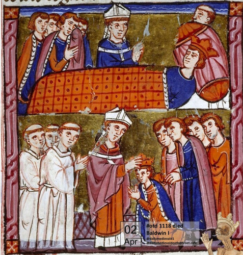 The upper half of the picture shows a king on a bed of strawberries surrounded by his faithful. Below is shown the coronation of a king