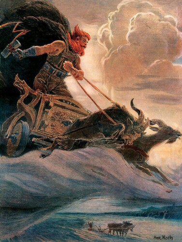 Oil painting of a red-headed Thor riding his chariot pulled by his two goats, a storm cloud building behind him, a spark of lightning coming from the hammer in his right hand.
