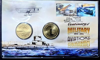 PNC showing a submarine on the surface of the sea with a biplane above. The same craft are featured on two stamps and the postmark. The piece features two coins, both Perth Mint $1 coins, one showing a pair of planes, and one a submarine, to commemorate the anniveresaries.