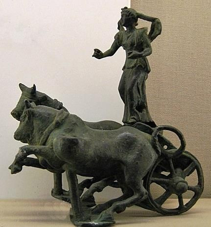 Bronze statuette group of Selene, the Moon Goddess, in Her chariot drawn by bulls across the sky.