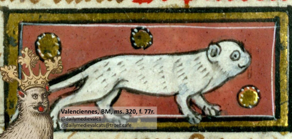 Picture from a medieval manuscript: A happy white cat smirking