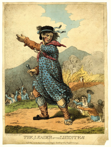 Engraving of Ned Ludd, Leader of the Luddites, 1812, wearing a spotted powder blue gown, with red scarf and blue hand band, urging followers on, as a mill burns in the background. By Unknown. 195 years since publication, copyright extinguished - Working Class Movement Library catalogue, Public Domain, https://commons.wikimedia.org/w/index.php?curid=2603296