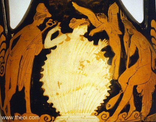 Red-figure vase painting of Hermes as he casually watches the birth of Aphrodite from the sea. Aphrodite is born from a cockle shell--symbolising the castrated members of Uranus--at sea. Eros or Himeros flutters by her side. To her left stands Hermes holding a herald's wand (kerykeion) with his arm resting on a plinth. To her right Poseidon is seated with a trident and fish.