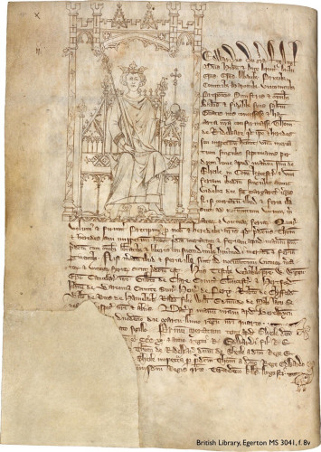Photo of a leaf from a medieval manuscript: folio 8 verso in British Library, Egerton manuscript 3041. It bears 33 lines of Latin script copied in dark brown ink. The first 18 lines are indented to accommodate a sizeable miniature, drawn in pen and ink. It depicts a king, enthroned, crowned, and grasping an orb and sceptre. Surrounded by an elaborate frame, he gazes out at us imperiously. The lower lefthand corner of the leaf has been torn away.