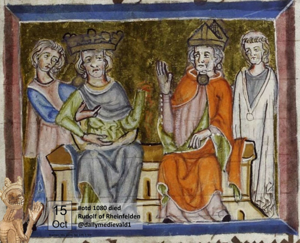 Picture from a medieval handwriting: Rudolf shows his left arm (without hand) sitting to a bishop
