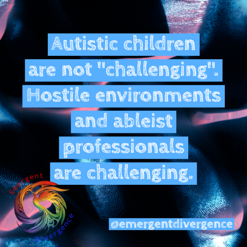 Text reads "Autistic children are not "challenging". Hostile environments and ableist professionals are challenging."
