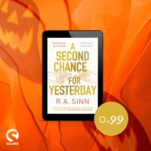 A Halloween-themed graphic showing the novel A SECOND CHANCE FOR YESTERDAY on a tablet with the price of 0.99