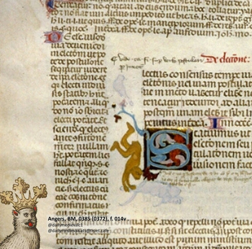 Picture from a medieval manuscript: A bird, a monkey, a cat and a mouse.