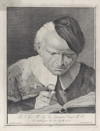 Plate 8: Man in a hat reading a book with a magnifying glass; from 'Icones ad vivum expressae' after Giovanni Battista Piazzetta, Giovanni Cattini, after Giovanni Battista Piazzetta, print (MET, 59.570.227) 