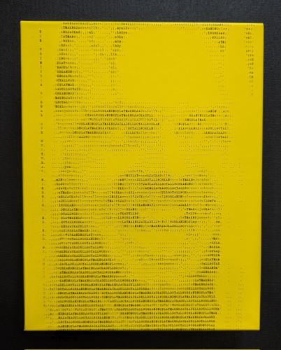 The yellow box that THE SHINING: A VISUAL AND CULTURAL HAUNTING from Rough Trade Books comes in with an image of Jack Torrance (Nicholson) printed on it using the letters of a typewriter to create it