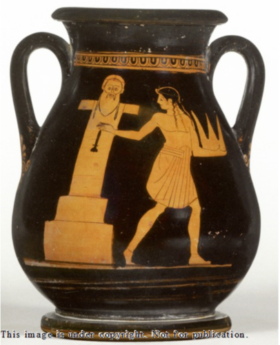 Red-figure vase painting of a youth carrying a sacrificial basket and, turning to the right, rubs the phallus of a herm with his right hand.