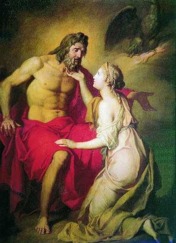 Painting of Thetis touching the beard of Zeus as she pleads for her son Achilles.
