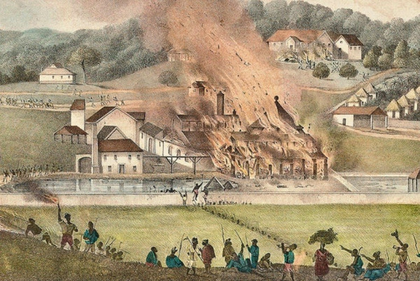 Image is a painting by Adolphe Duperly depicting the Roehampton Estate in St. James, Jamaica, being destroyed by fire during the Great Jamaican Slave Revolt.  https://www.zocalopublicsquare.org/2020/05/28/jamaican-uprising-samuel-sharpe-rebellion-christmas-uprising-great-jamaican-slave-revolt/ideas/essay/