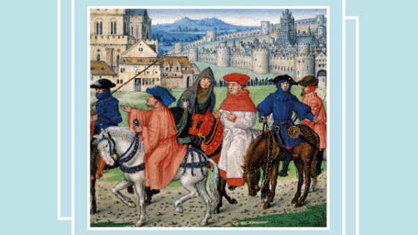 A medieval illustration showing travellers on horseback with cities and churches in the background, taken from Lydgates's Siege of Thebes, The British Library, Royal MS 18 D II f. 148
