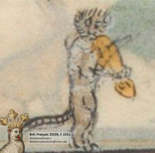 Picture from a medieval manuscript: A confused cat plays the fiddle.