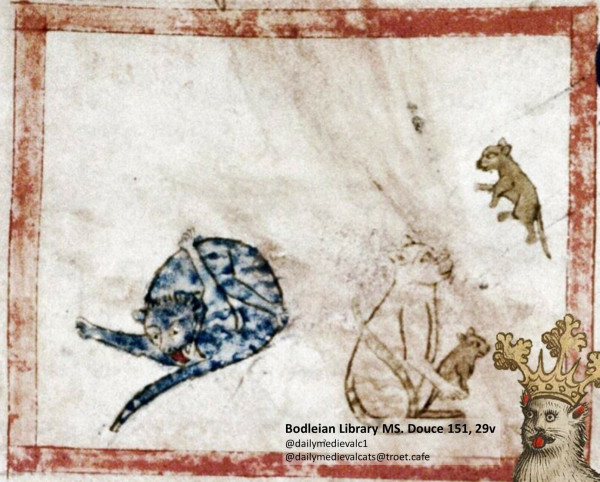 Picture from a medieval manuscript: On the left a cat cleaning itself, on the right a cat chasing two mice.