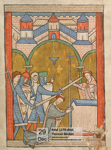 The image shows Thomas Becket being slain by armed men while praying at the altar.