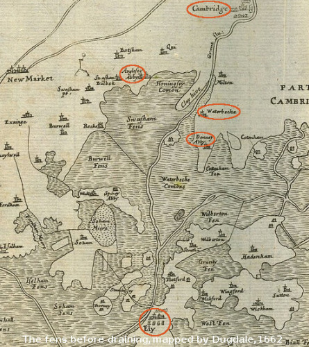 The southernmost place in this map detail is Cambridge, at the top; Ely is at the bottom. They are connected by a causeway, but most of the space in between is water. Anglesey Abbey, Waterbeach, & Denny Abbey lie between the two cities, close to each other and to Cambridge, and all near the edge of the water.