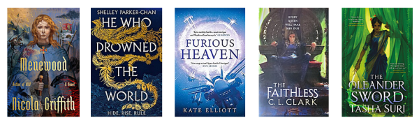 Book Covers for Menewood, He Who Drowned the World, Furious Heaven, The Faithless and The Oleander Sword.