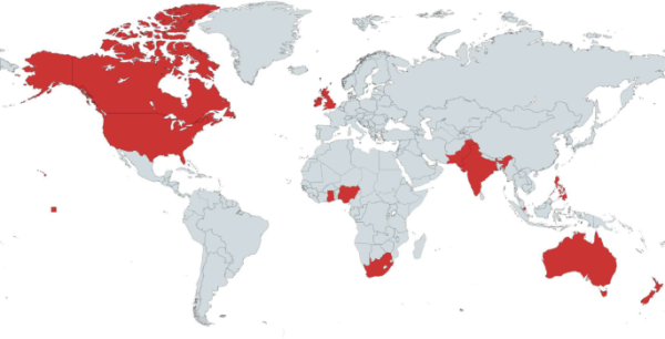 "Red represents the countries where we collected samples of N = 568 participants each. Figure created with mapchart.net."