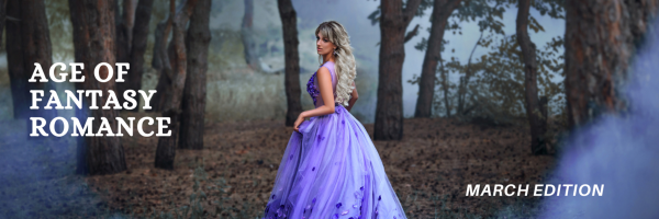 A woman in a dress in a forest with mist. Text reads Age of Fantasy Romance