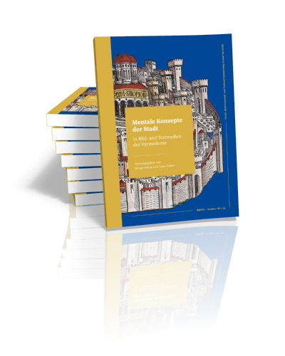 Ein Stapel Bücher vor einem weißen Hintergrund. Ein Examplar steht vor dem Stapel. Es hat ein blau-gelbes Cover mit einer mittelalterlichen Stadtabbildung. "Mentale Konzepte der Stadt" ist als Titel zu sehen.  