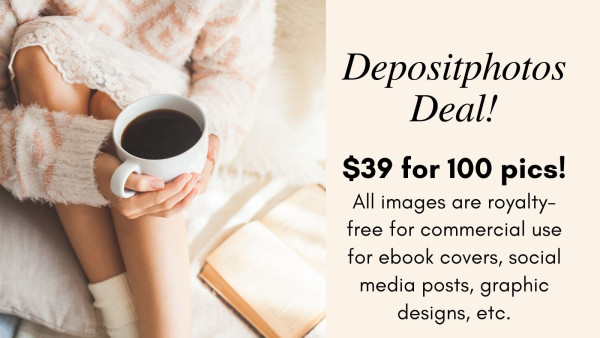 The image shows a woman's lower body with her arms wrapped around her knees holding a cup of coffee. She looks cozy in bed and has a book nearby. Text says Depositphotos deal! $39 for 100 pics! All images are royalty-free for commercial use for e-book covers, social media posts, graphic design, etc.
