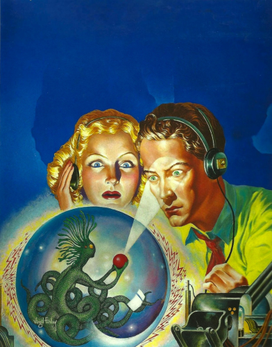 A woman and a man wearing headphones are closely studying a blue sphere which contains an alien life form. Inside the sphere a green snake-like creature with yellow eyes holds a small red orb which projects an energy beam into the man's eyes.