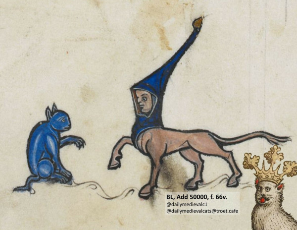 Picture from a medieval manuscript: A blue cat welcomes a creature with the body of a horse and the head of a human being