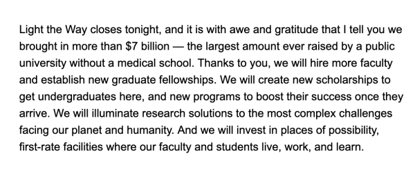 Detail of email from UC Berkeley Chancellor Christ on Jan 1, 2024. "Light the Way closes tonight, and it is with awe and gratitude that I tell you we brought in more than $7 billion — the largest amount ever raised by a public university without a medical school. Thanks to you, we will hire more faculty and establish new graduate fellowships. We will create new scholarships to get undergraduates here, and new programs to boost their success once they arrive. We will illuminate research solutions to the most complex challenges facing our planet and humanity. And we will invest in places of possibility, first-rate facilities where our faculty and students live, work, and learn."
