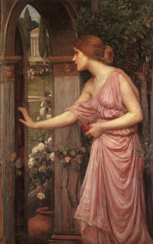 A painting of a woman in a pink gown holding a rose and gently pushing open a door to garden.