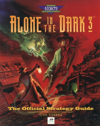 The book cover of Alone in the Dark 3. It is a western scene. A cowboy with a lantern, the entrance of a mine, an old broken down saloon, a ghostly mountain lion, a zombie-like gunslinger, a bull's skull - all in a very red hue.