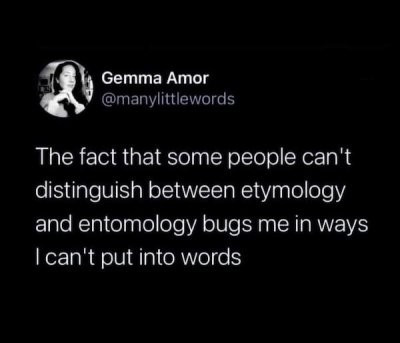 it's a screenshot of a tweet that says the fact that some people can't distinguish between etymology and entomology bugs me in ways I can't put into words.