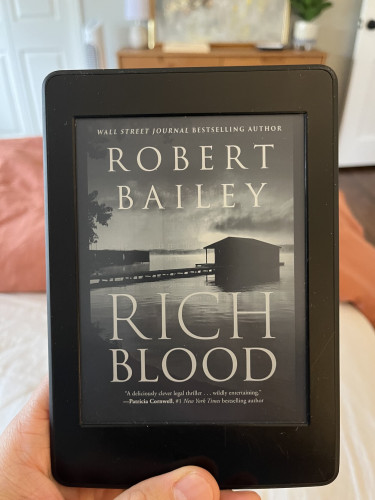 Kindle with the cover of Robert Bailey’s Rich Blood, featuring a dock and dock house over water.