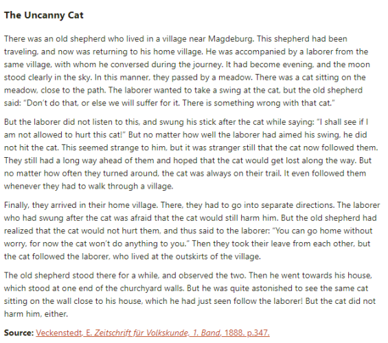 German folk tale "The Uncanny Cat". Drop me a line if you want a machine-readable transcript!
