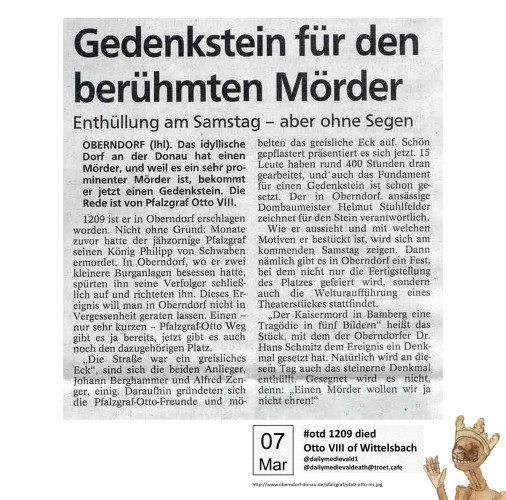 The picture shows a newspaper article from 2002 with the headline "Memorial stone for the famous murderer. Unveiling on Saturday - but without a blessing."