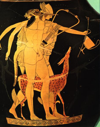 Athenian red-figure clay vase of Hermes and a satyr. Hermes holds a kantharos drinking cup and the satyr holds a lyre. Between the two stands a deer.