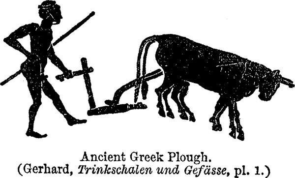 Black-and-white drawing of an ancient Greek vase painting depicting a man working an ancient Greek plough with a team of oxen.
Below the drawing, the caption reads: "Ancient Greek Plough. (Gerhard, Trinkschalen und Gefässe, pl. 1.)"