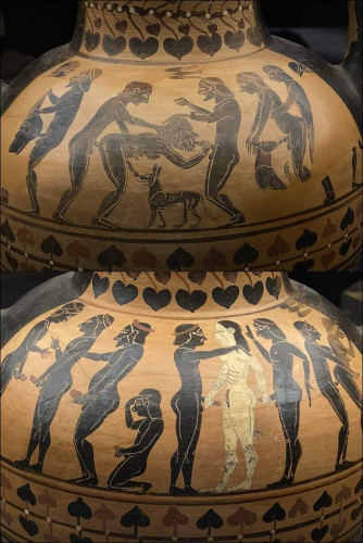 A black-figure vase painting depicting couples and throuples at various sex acts. A woman, depicted with a white body, gives a handjob to two young men. Two other young men seem to have anal sex with the penetrating one rubbing his partner off and yet another pair of young men seem to engage in thigh sex with a dog sniffing at the receptive partner's erection. A young man has anal sex with a bearded mature or even old man who fellates another bearded man and has his erection licked by a dog. Four men are shown to stand around with their erections in hand, possibly speaking to each other to find a partner.