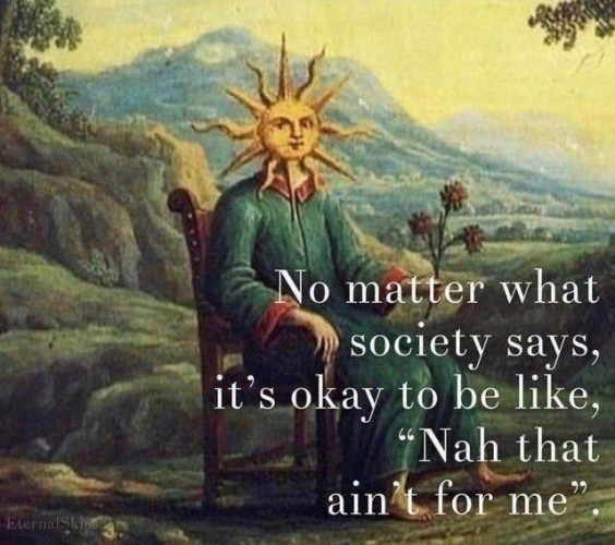 No matter what society says, it's okay to be like, "Nah that ain't for me"
[Picture of a man sitting on a chair with a sun for a head]