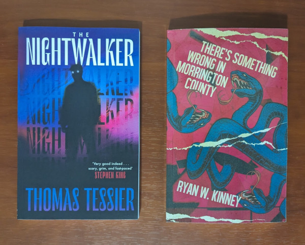 Cover of THE NIGHTWALKER by Thomas Tessier that has a shadowy man with glowing eyes standing in front of a blue and pink background
Cover of THERE'S SOMETHING WRONG IN MORRINGTON COUNTY by Ryan W. Kinney that had a pink background with blue snakes writhing on it