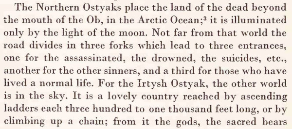 An extract of the text available on Internet Archive (see the link in the post).

"The Northern Ostyaks place the land of the dead beyond the mouth of the Ob, in the Arctic Ocean; it is illuminated only by the light of the moon. Not far from that world the road divides in three forks which lead to three entrances, one for the assassinated, the drowned, the suicides, etc., another for the other sinners, and a third for those who have lived a normal life. For the Irtysh Ostyak, the other world is in the sky. It is a lovely country reached by ascending ladders each three hundred to one thousand feet long, or by climbing up a chain; [...]"