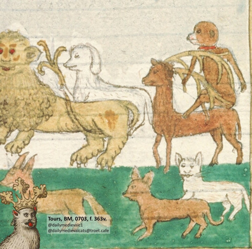 Picture from a medieval manuscript: A cat in a group of other animals